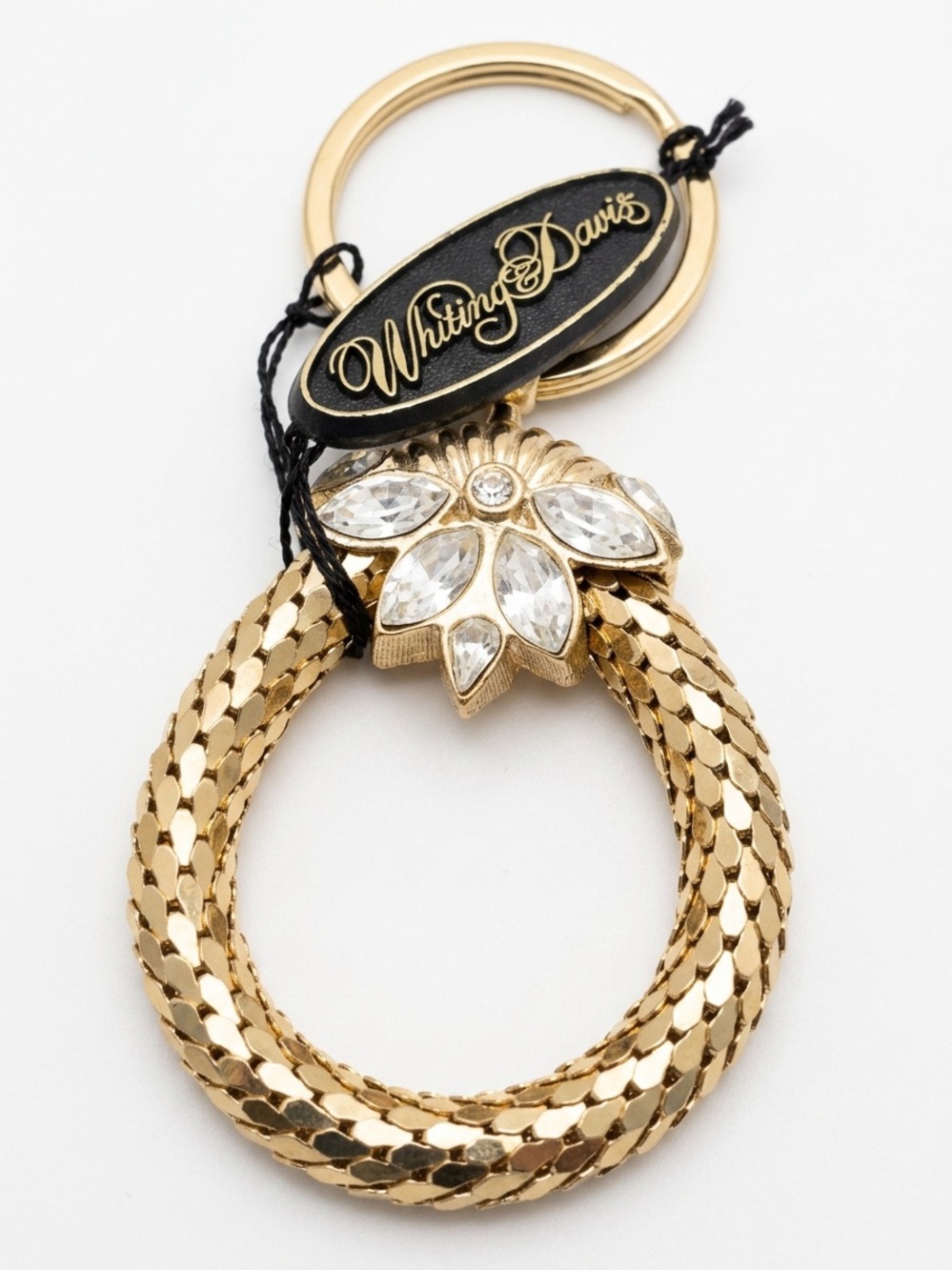 Whiting and Davis Gold Tone Mesh Holiday Wreath Crystal Keychain NWT